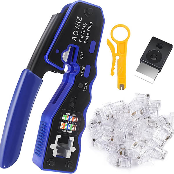 AOWIZ RJ45 Crimping Tool Pass Through Crimper Tool for Cat5 Cat5e Cat6 Connector 8P8C Modular Ethernet Plug with 50 Pieces RJ45 Cat6 Connectors, Mini Wire Stripper and Replaceable Blade
