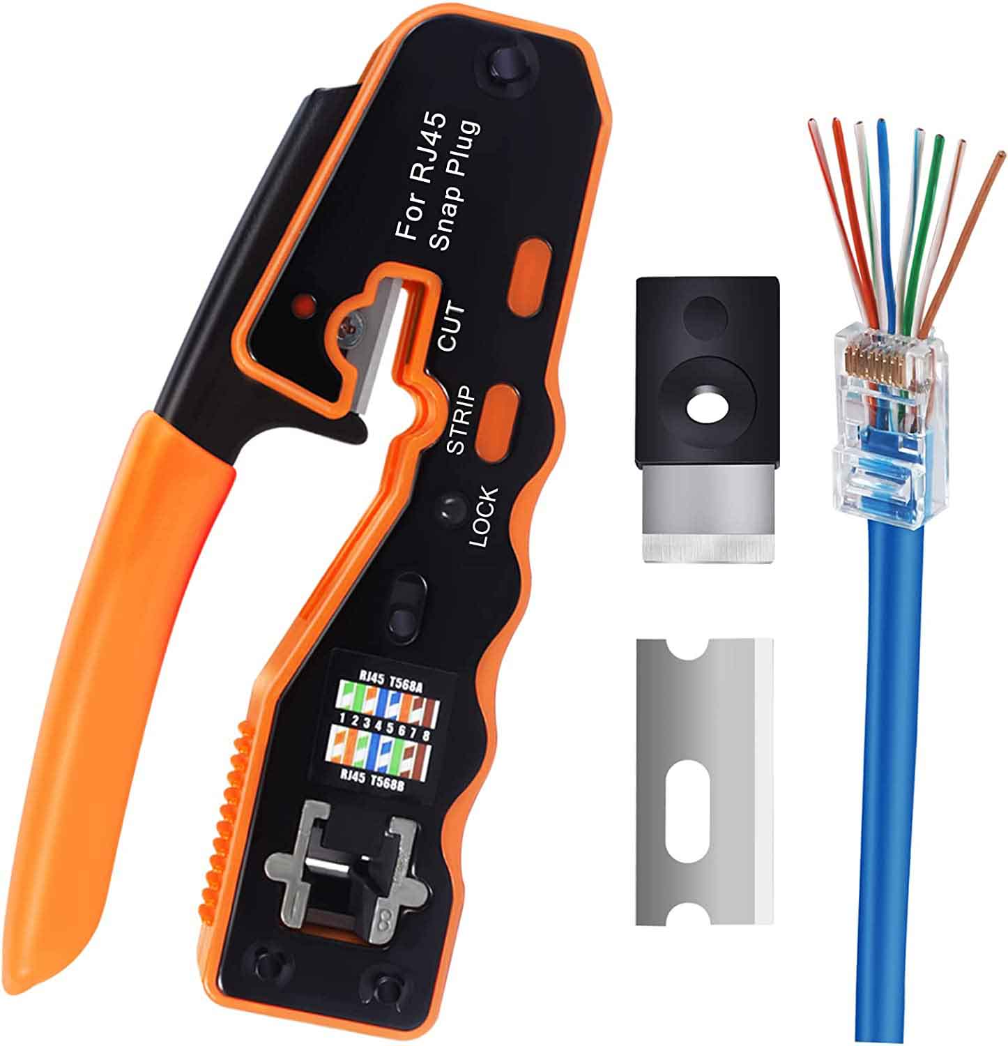 AOWIZ RJ45 Crimp Tool Pass Through Crimper for Crimping Cat6 Cat5 Cat5e Connector with Replacement Blade