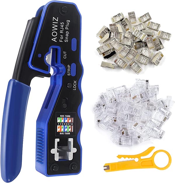 AOWIZ RJ45 Crimp Tool Pass Through Cat6 Cat6a Cat5 Cat5e Crimper with RJ45 Cat6 Cat6a Connectors 23AWG End Plugs and 1 Piece Mini Wire Stripper