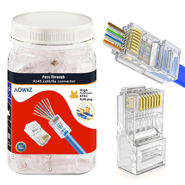 AOWIZ RJ45 Cat6 Cat6a Connector Pass Through 23AWG 100-PACK Gold Plated 8P8C Ethernet Ends for Unshielded Twisted Pair Solid Wire & Standard Cables