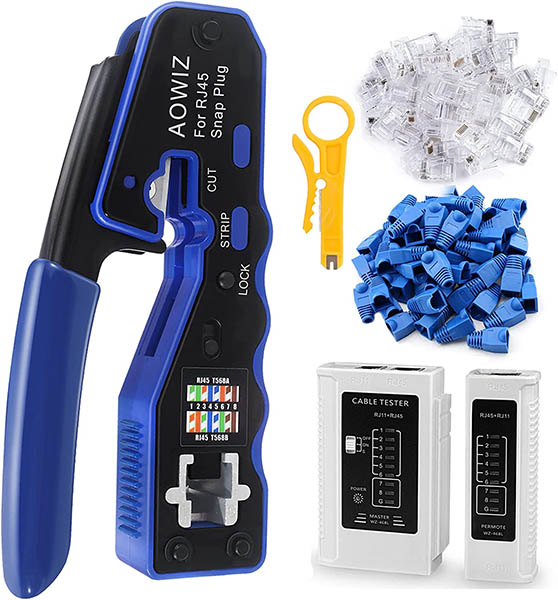 AOWIZ RJ45 Crimping Tool Ethernet Crimper for Cat6 Cat5 Cat5e Pass Through Connector with 30 pieces RJ45 Cat6 Connector and 30 Pieces Strain Relief Boots, RJ45 Cable Tester and Mini Wire Stripper